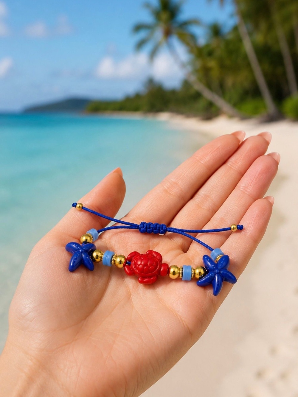 Blue & Red Sea Life Beaded Bracelet with Gold Accents - Picture 3 of 3
